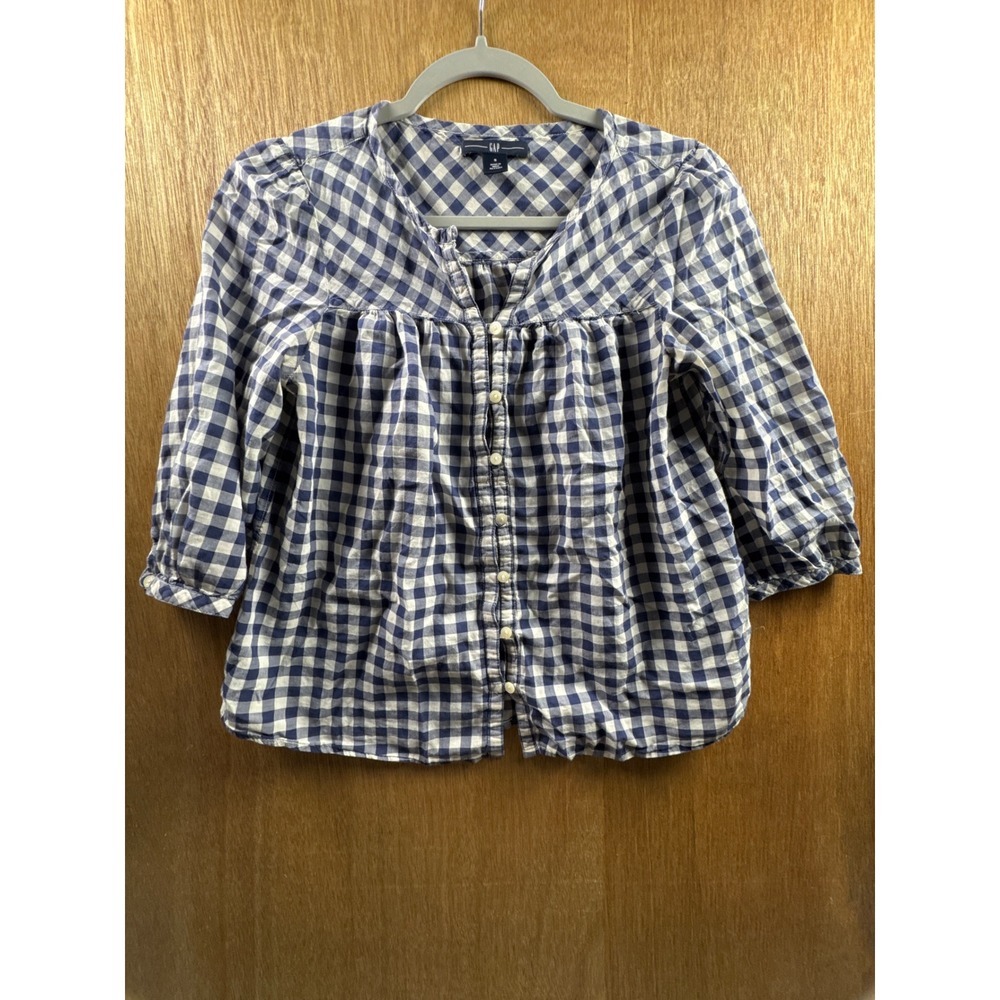 Gap Blouse Top Womens Size S Blue Gingham Check 3/4 Sleeve Button Front